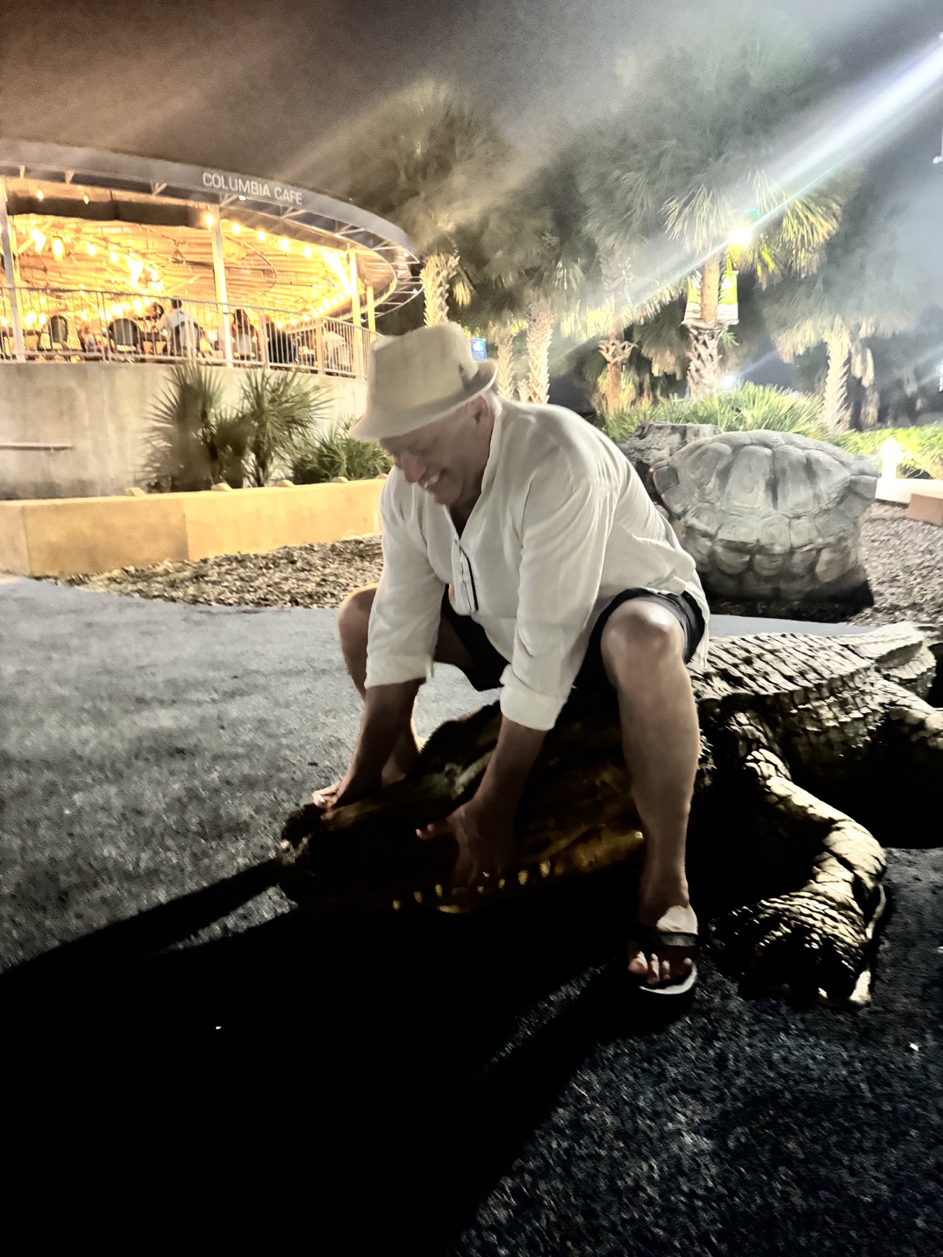 Alan laughing while sitting on an alligator statue at night